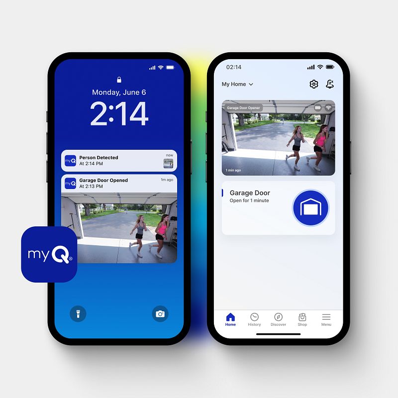 myQ app showing the garage camera and door controls on a phone